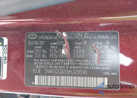 2009 Hyundai Santa Fe Gls из США, поврежденный, VIN 5NMSG13D59H329590